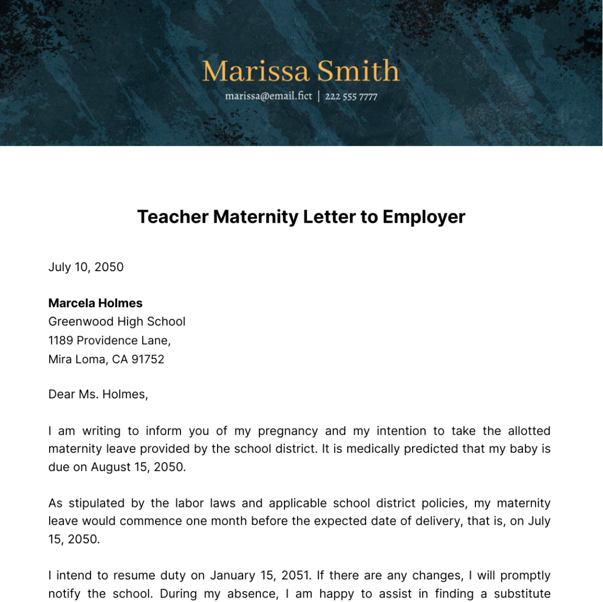 Teacher Maternity Letter to Employer Template