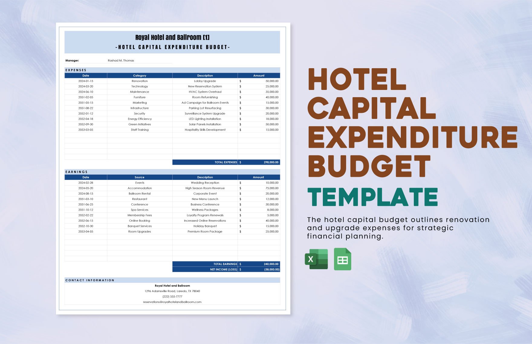 Hotel Capital Expenditure Budget Template