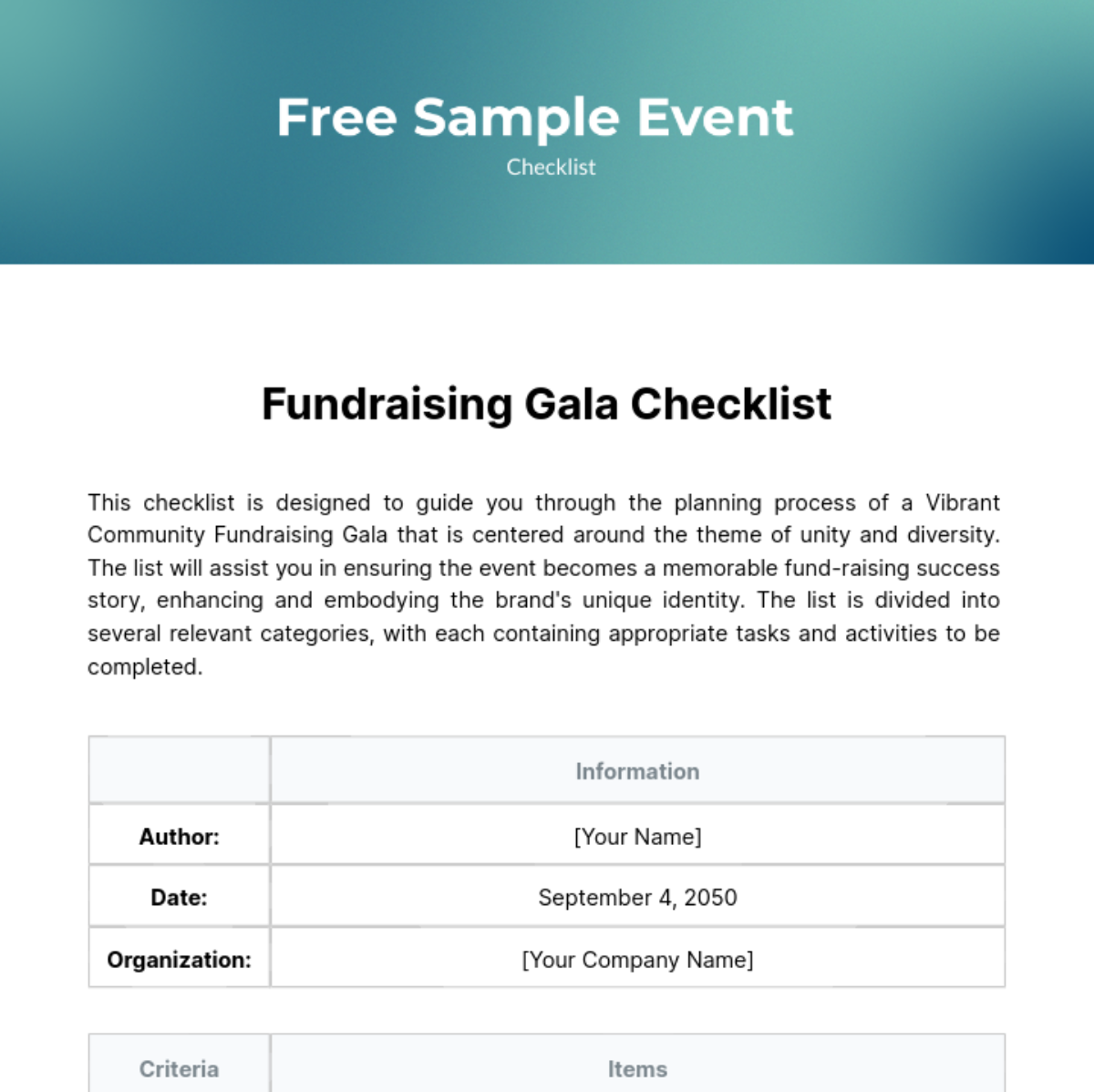 Sample Event Checklist Template