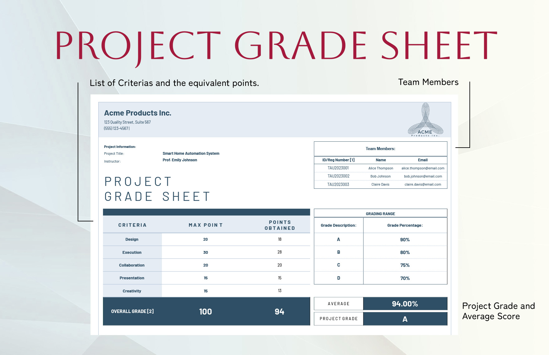 Project Grade Sheet Template