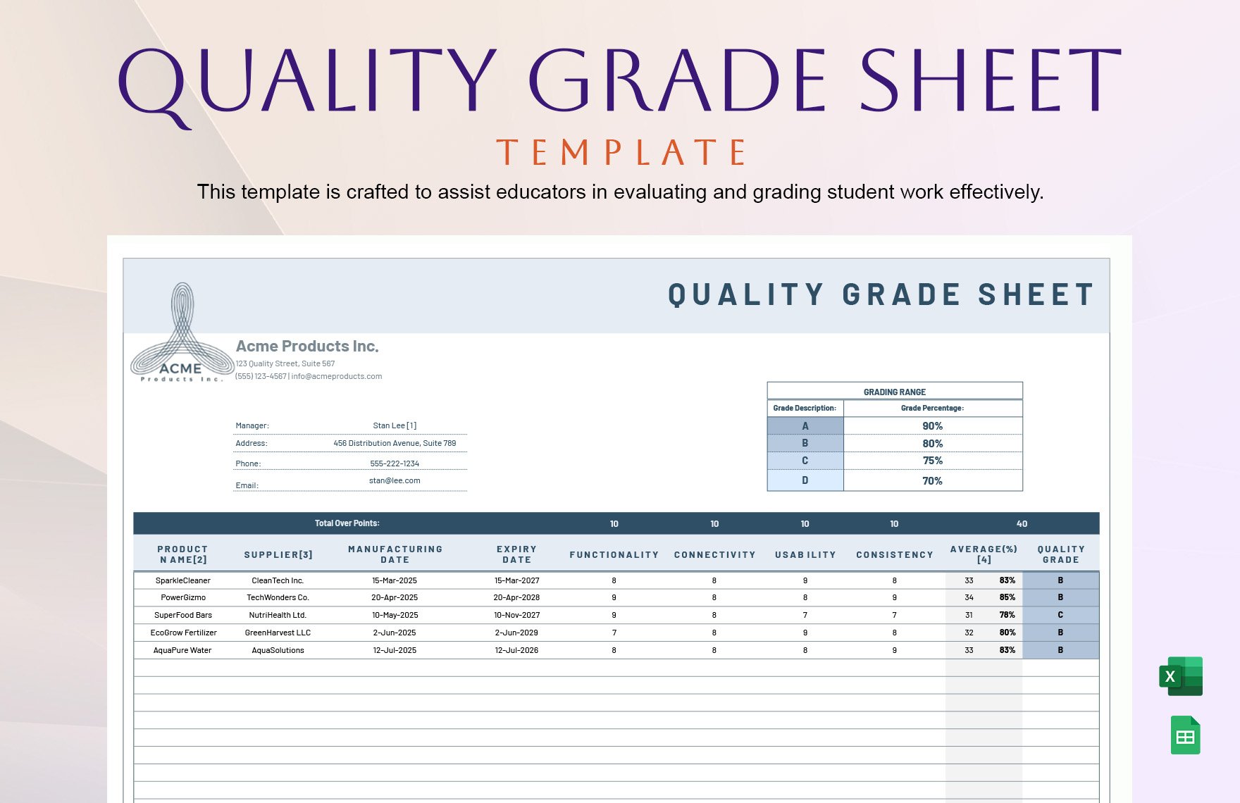 Quality Grade Sheet Template