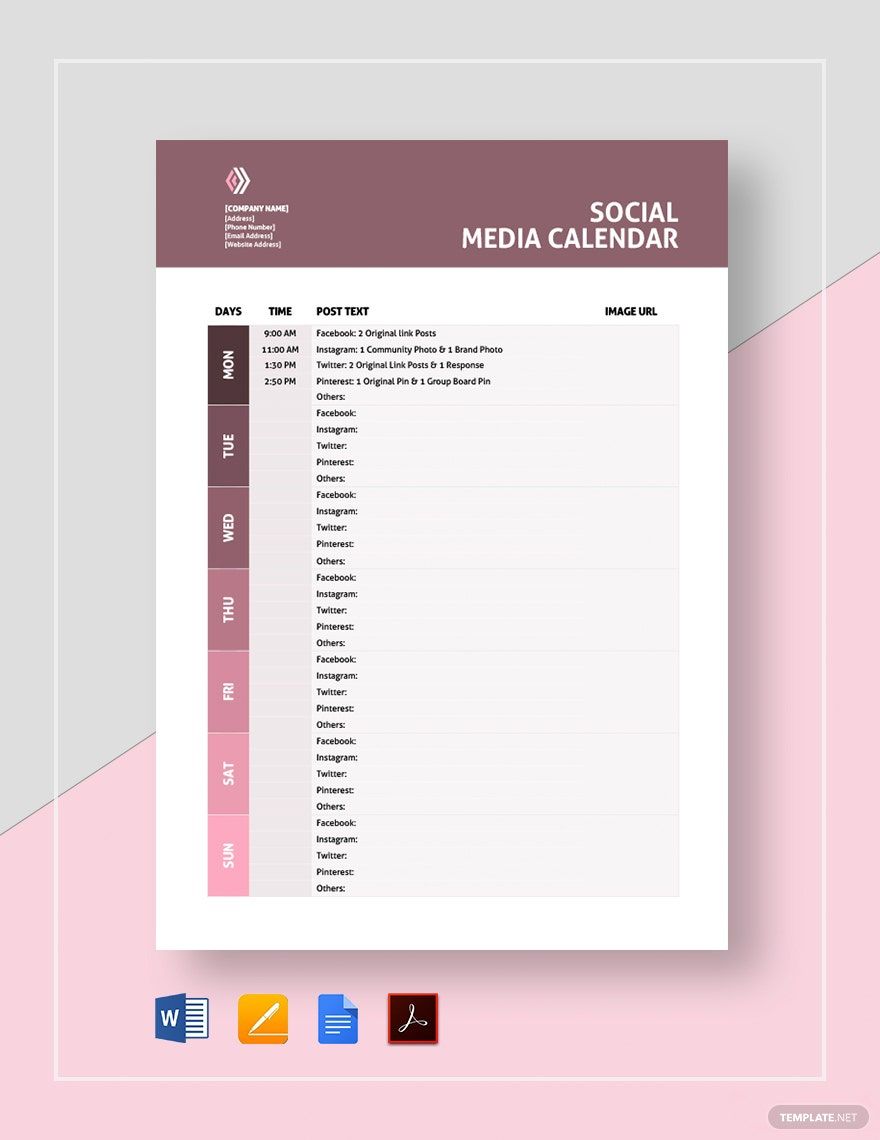 Printable Social Media Calendar Template Download In Word Google 