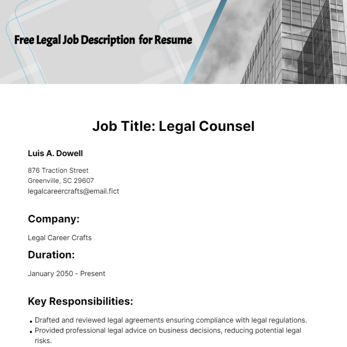 Legal Job Description for Resume Template
