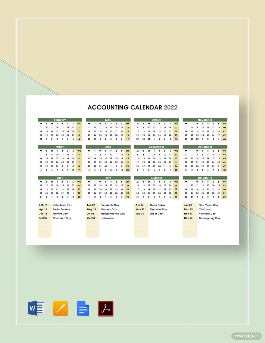 Accounting Calendar Template Google Docs Word Apple Pages PDF 