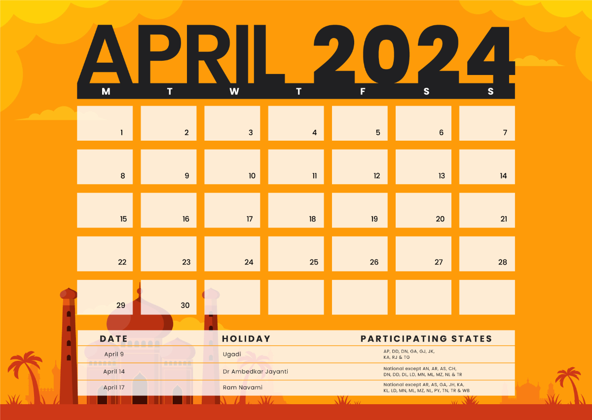 Free April 2024 Calendar with Holidays India Template