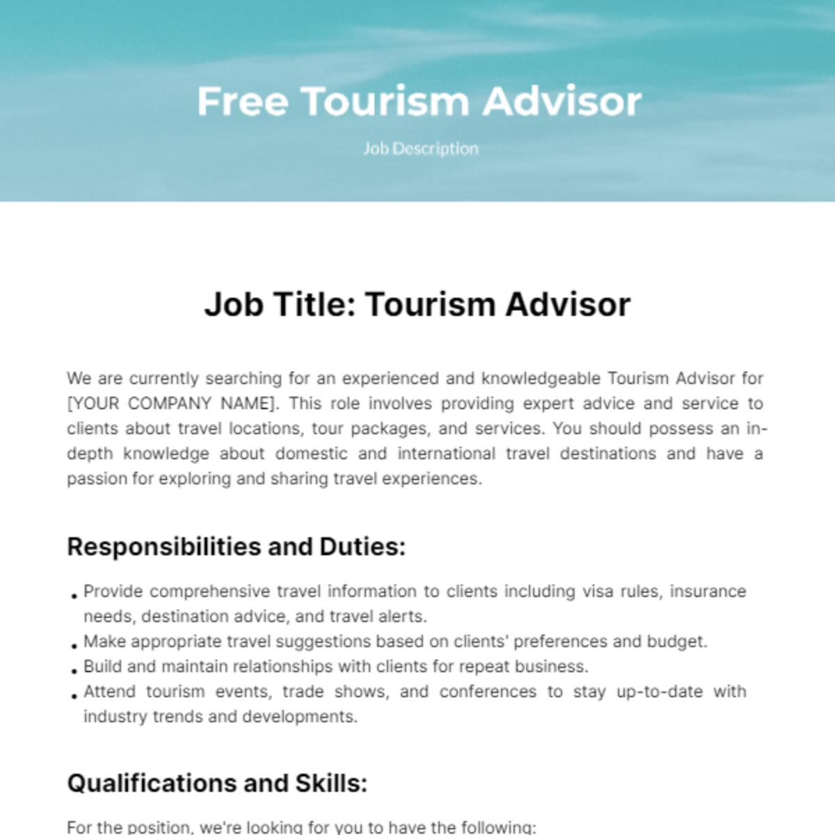 Free Tourism Advisor Job Description Template