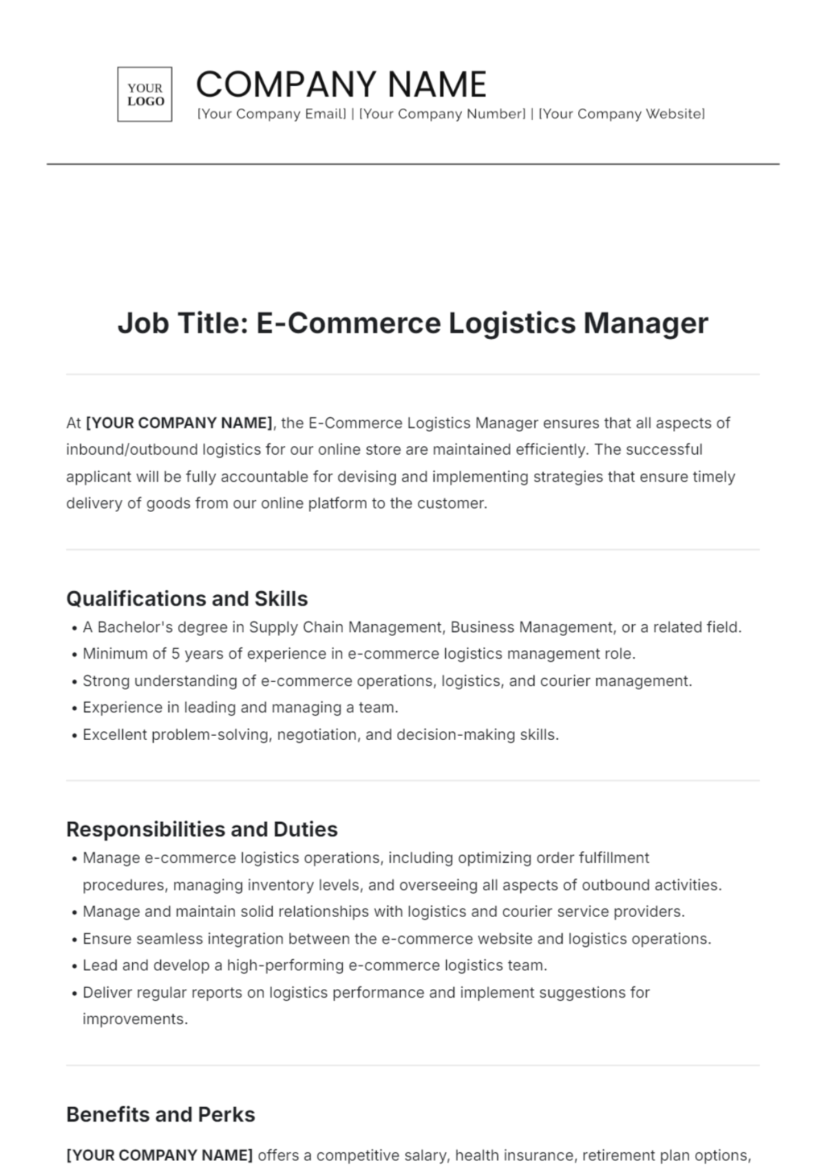 E Commerce Logistics Manager Job Description Template - Edit Online & Download