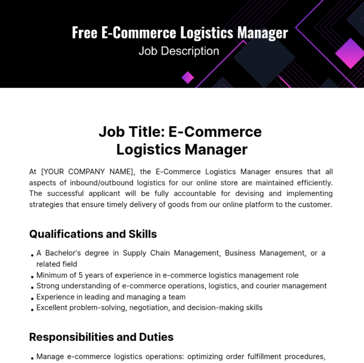 E Commerce Logistics Manager Job Description Template