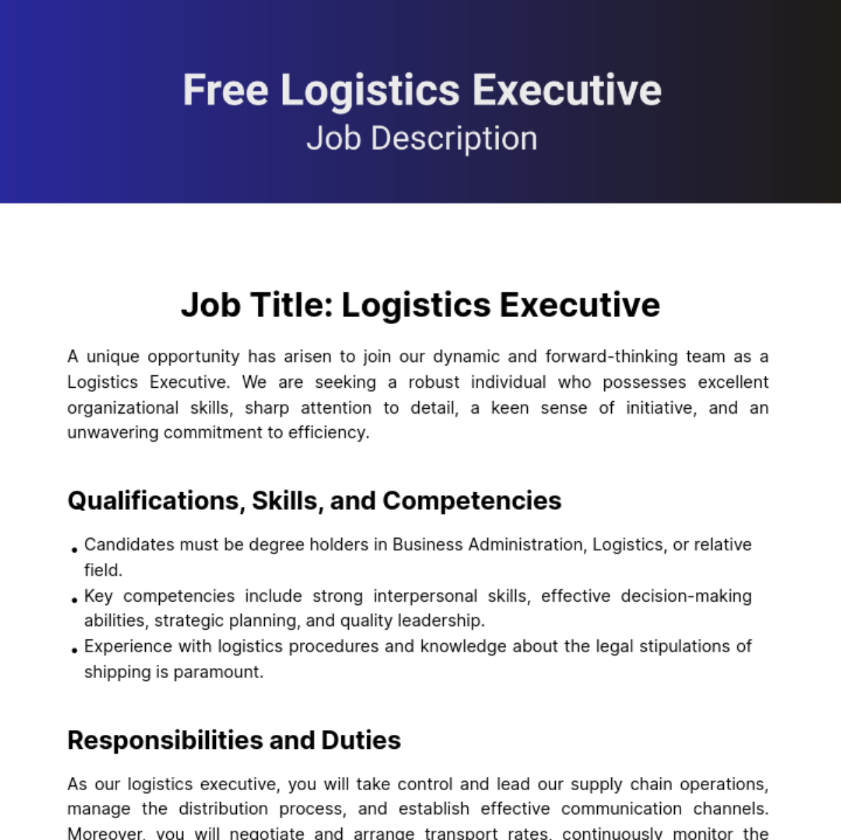 Free Logistics Executive Job Description Template