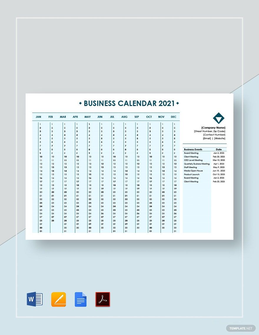 Editable Business Calendar Template in Word, Pages, Google Docs, PDF - Download | Template.net