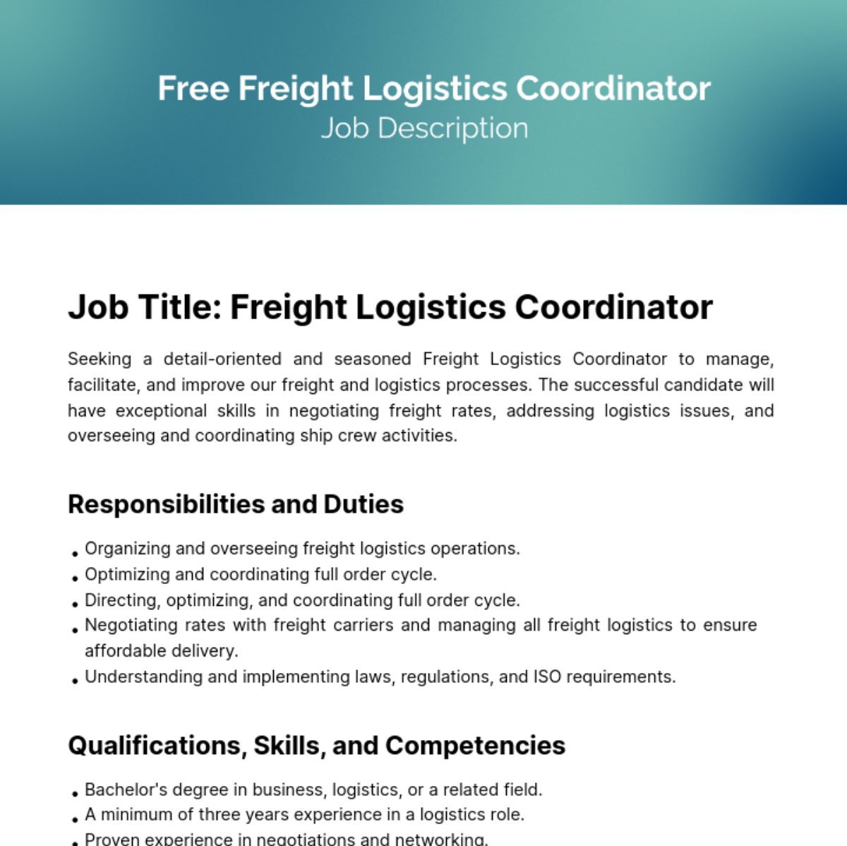 Free Freight Logistics Coordinator Job Description Template