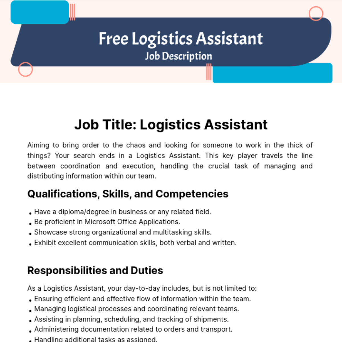 Free Logistics Assistant Job Description Template