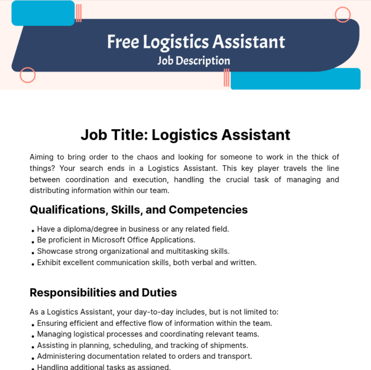 Logistics Assistant Job Description Template Edit Online Download 