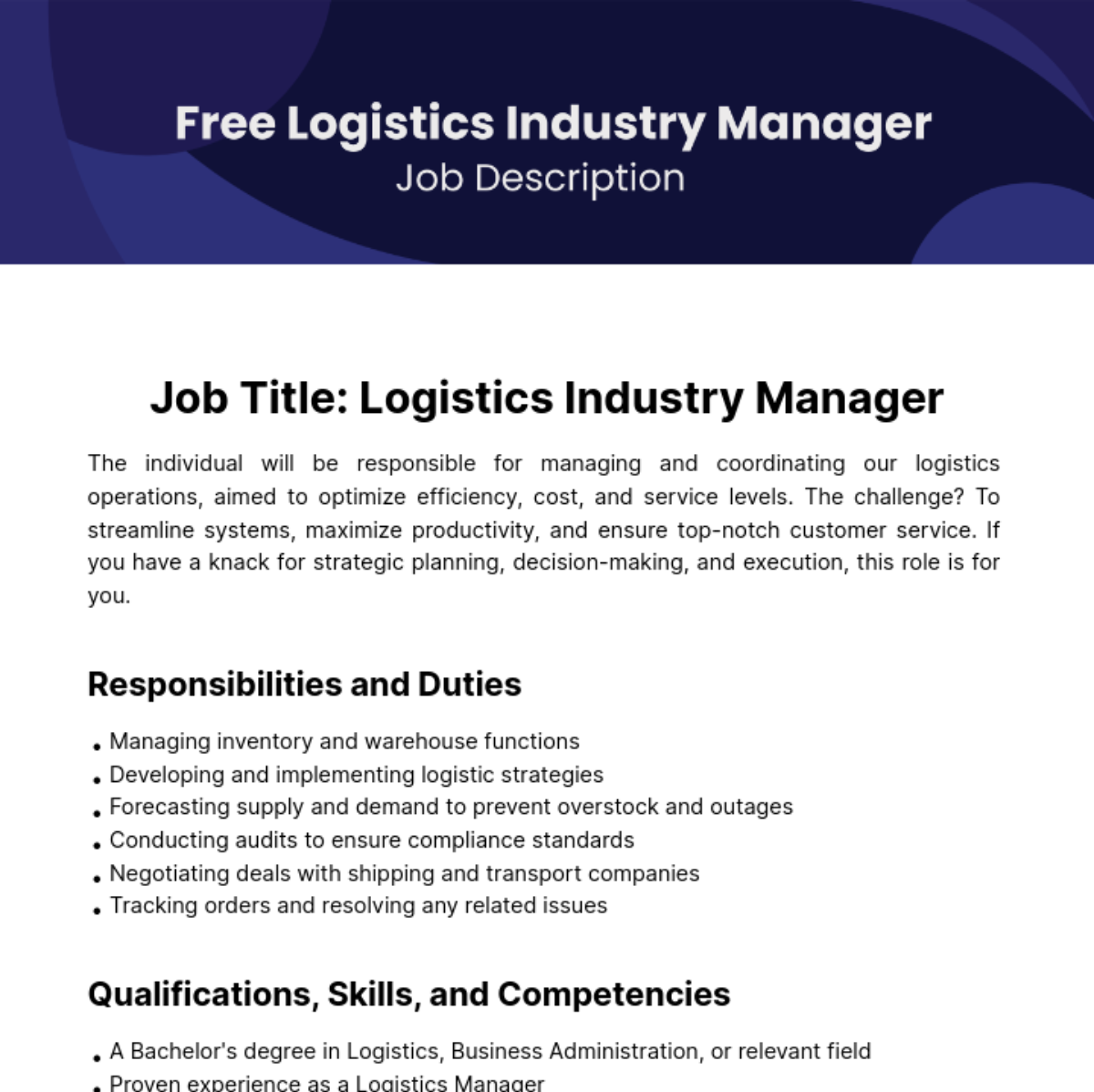 Free Logistics Industry Manager Job Description Template