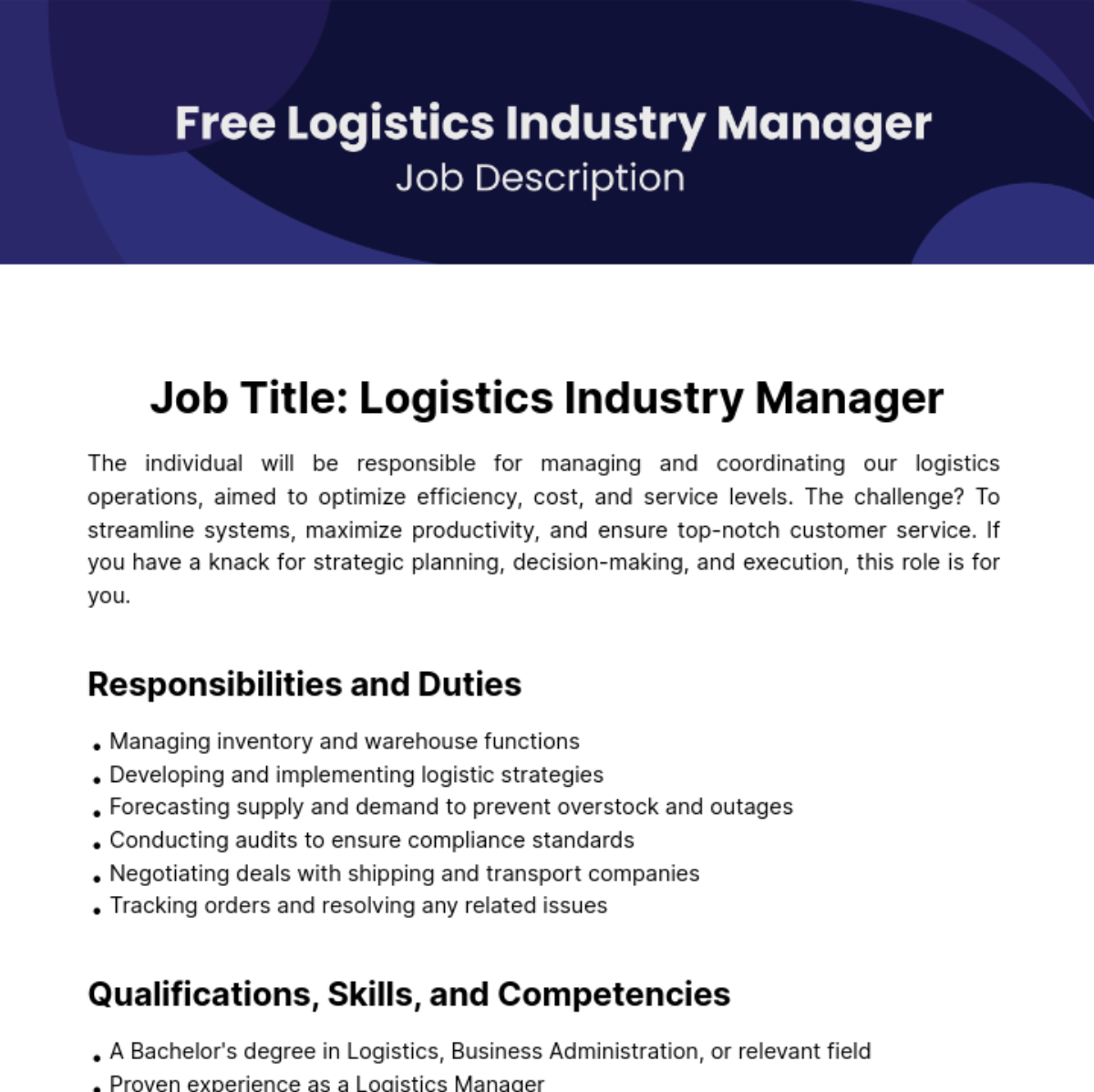 Logistics Industry Manager Job Description Template Edit Online 