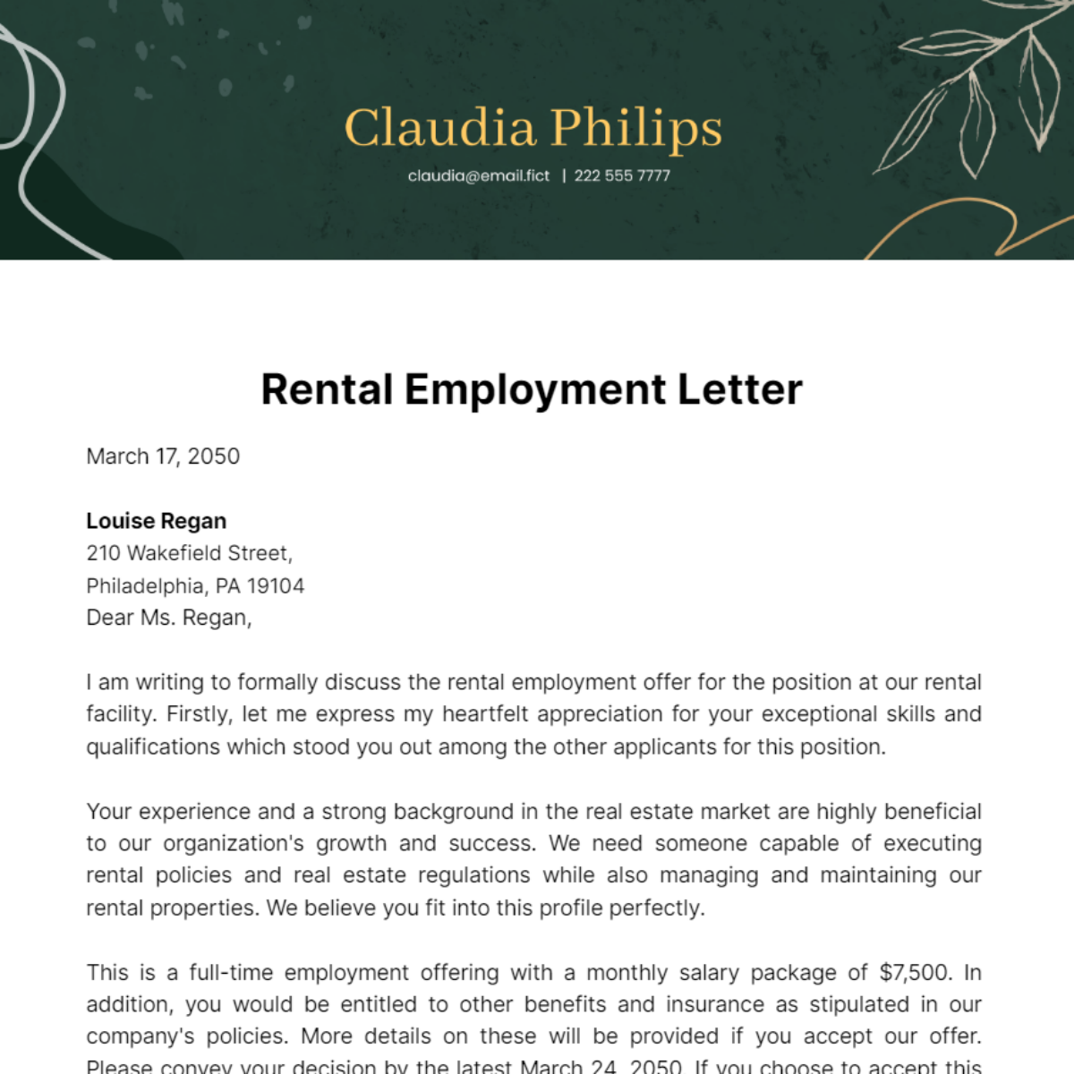 Rental Employment Letter Template