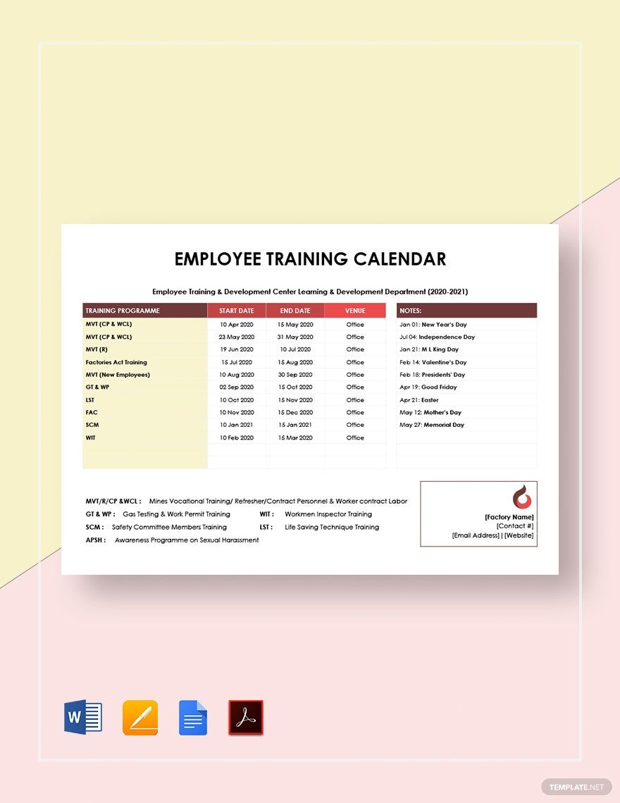 Employee Training Calendar Template