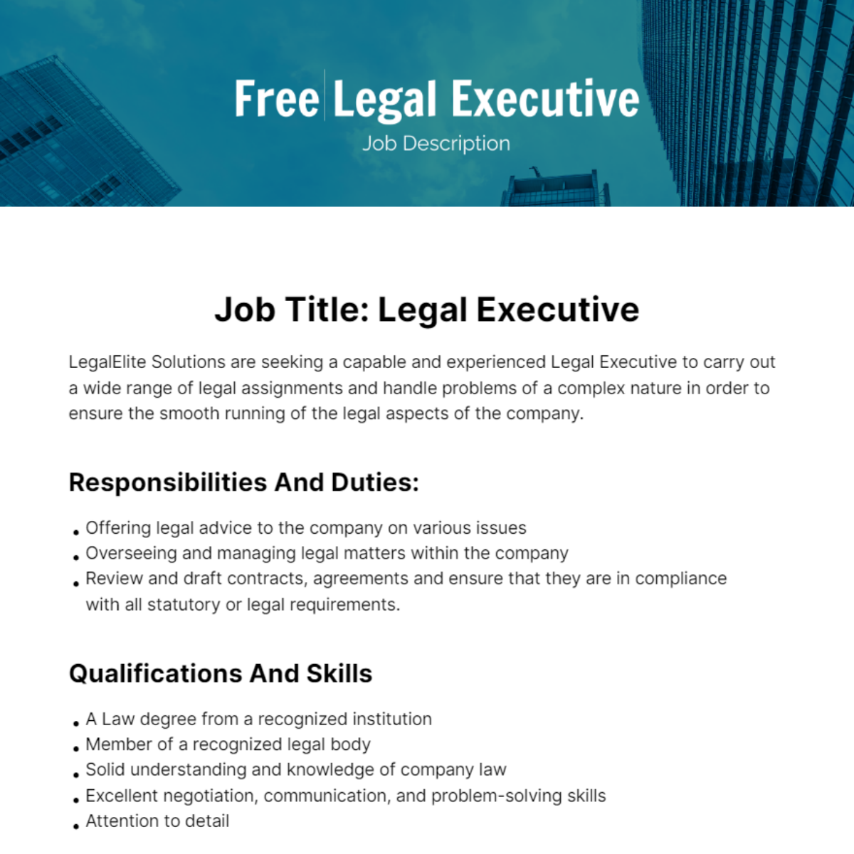 Legal Executive Job Description Template
