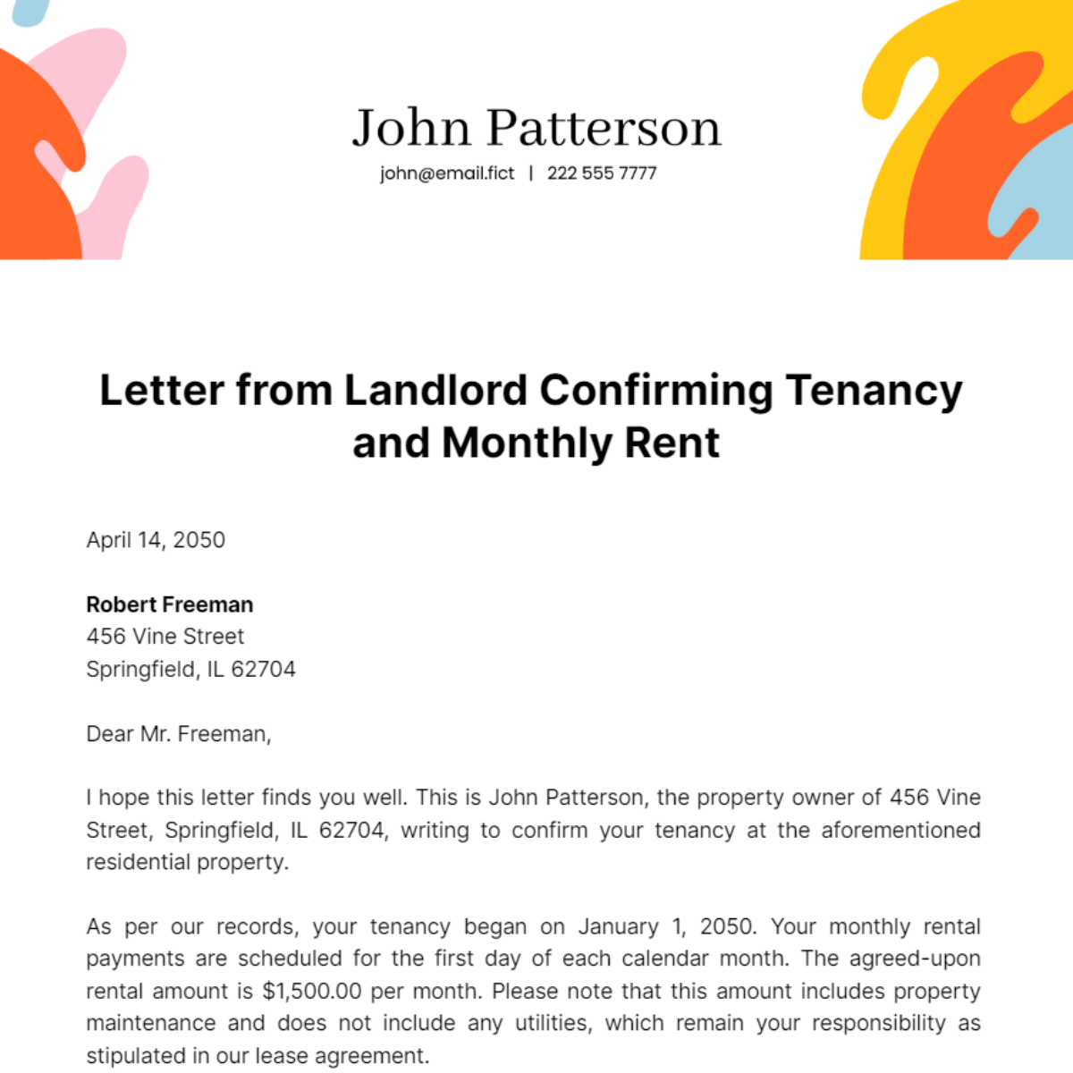 Letter from Landlord Confirming Tenancy and Monthly Rent Template