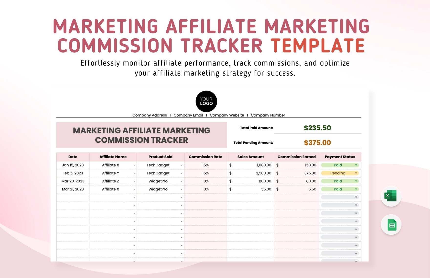 Marketing Affiliate Marketing Commission Tracker Template