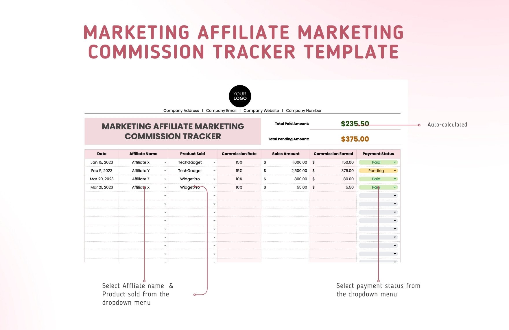 Marketing Affiliate Marketing Commission Tracker Template