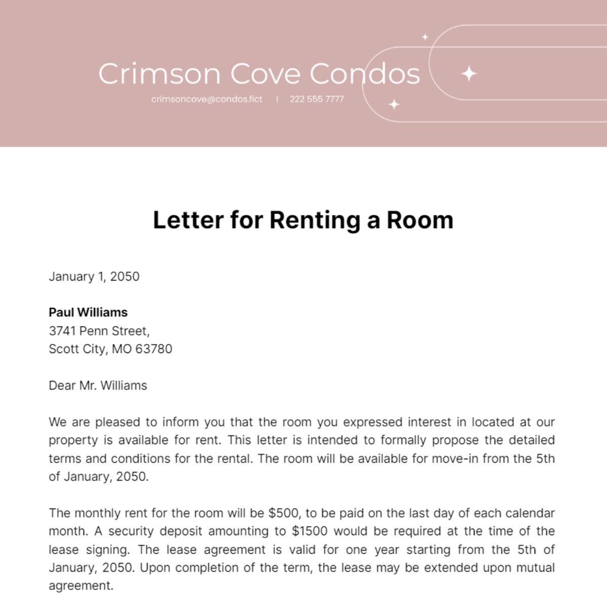 Letter for Renting a Room Template