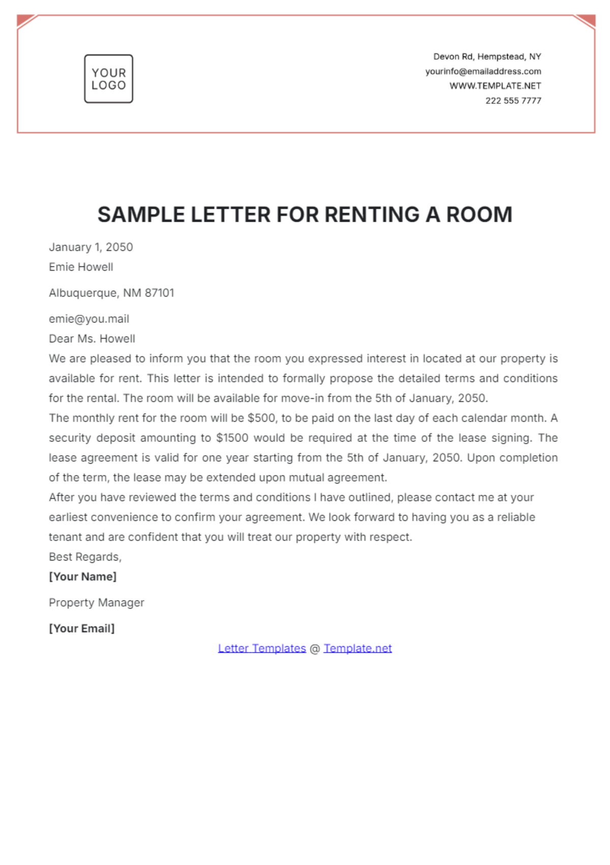 Sample Letter for Renting a Room Template - Edit Online & Download