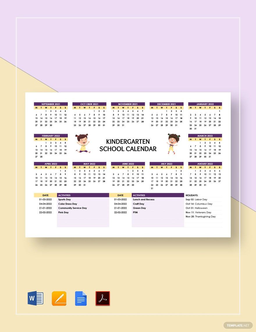 Kindergarten School Calendar Template in Pages, Word, Google Docs, PDF - Download | Template.net