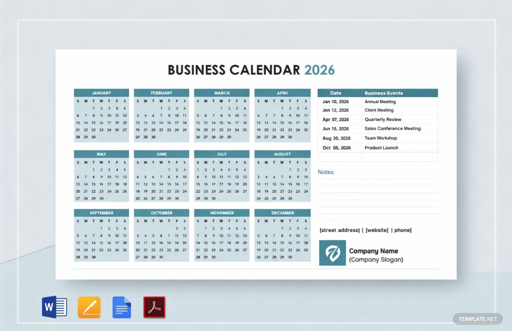 Printable Business Calendar Template in Apple Pages, Word, PDF, Google Docs to Download