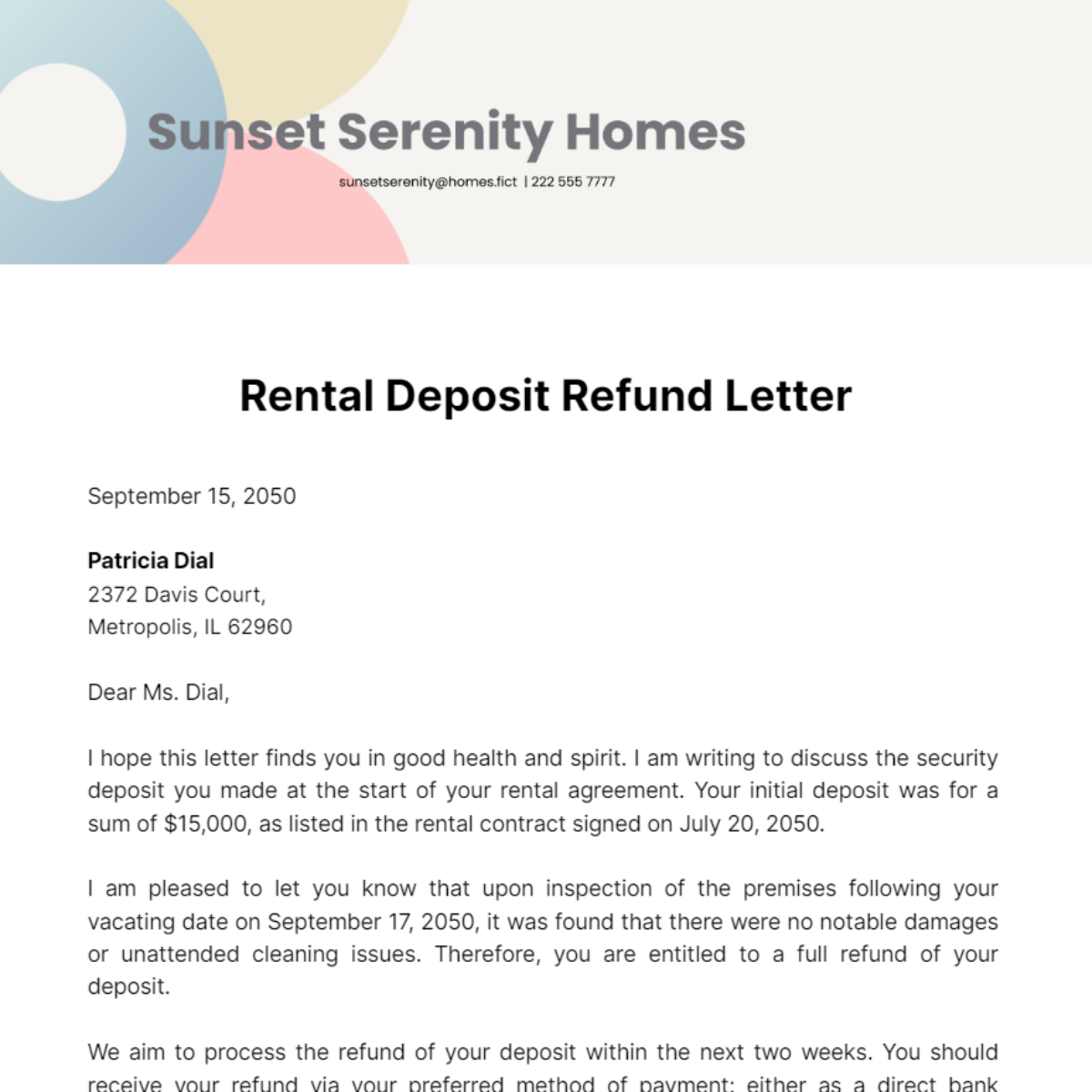 Rental Deposit Refund Letter Template