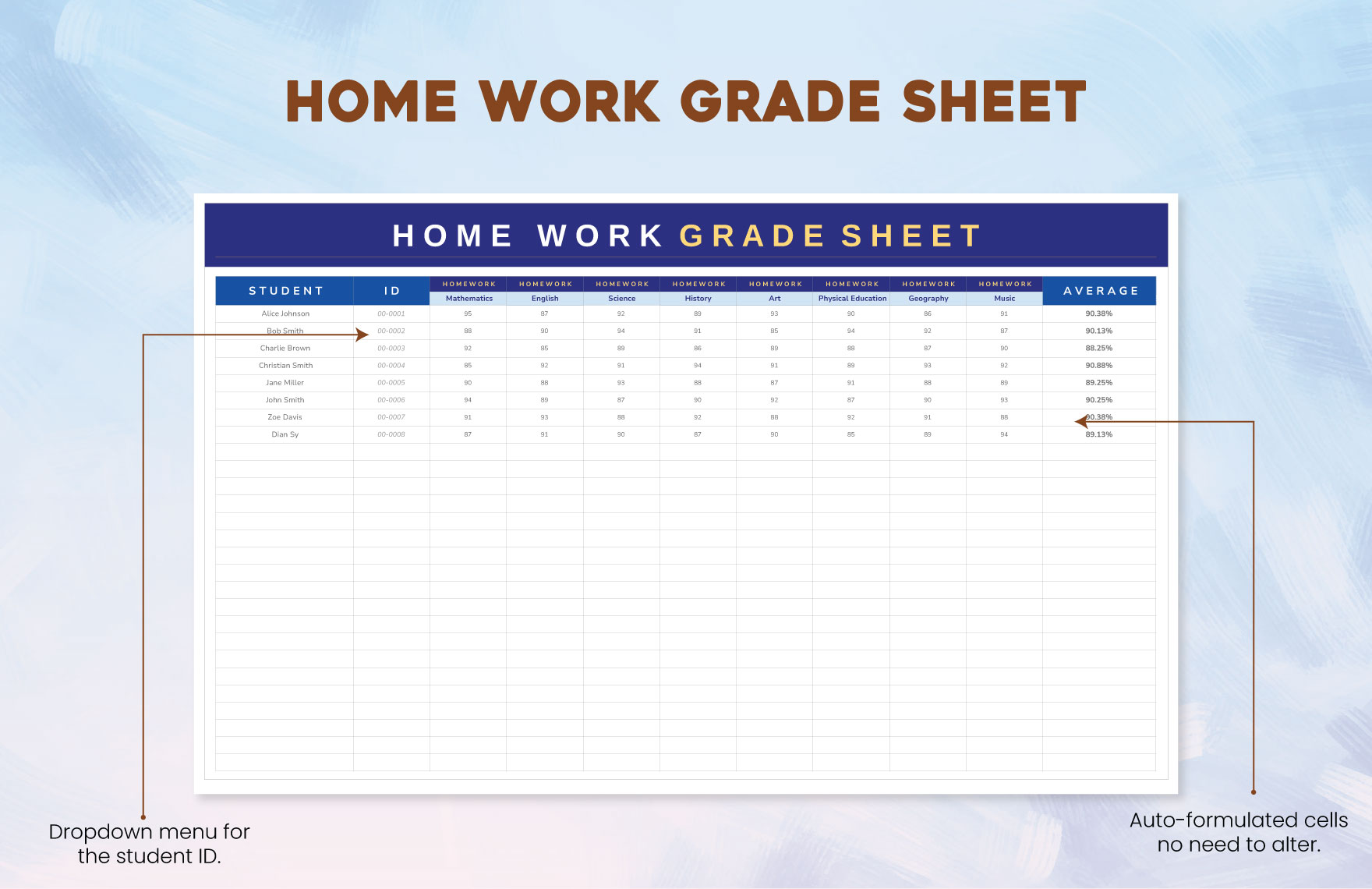 Home Work Grade Sheet Template