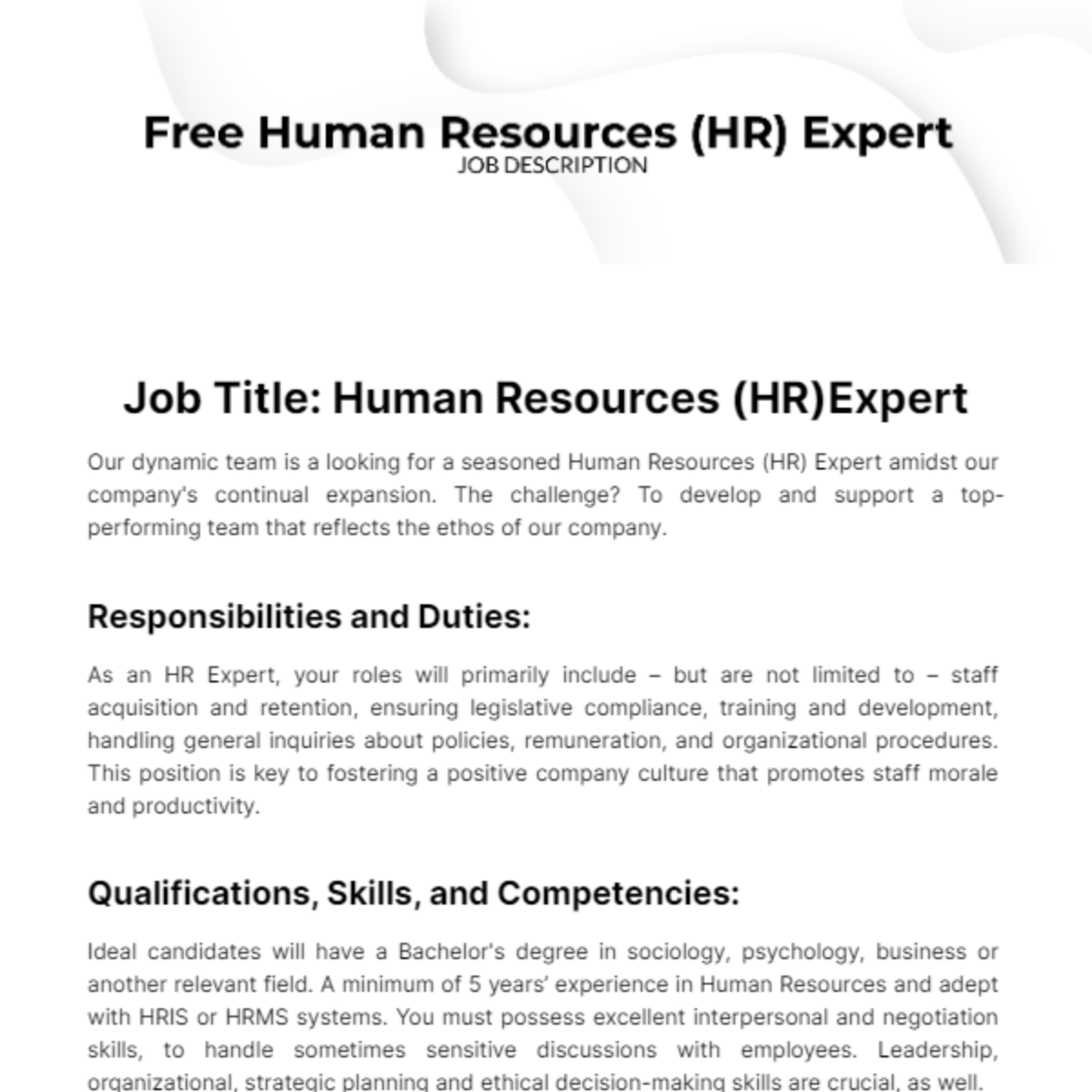 Human Resources (HR) Expert Job Description Template