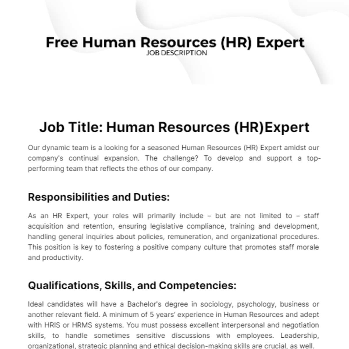 Human Resources HR Expert Job Description Template Edit Online 