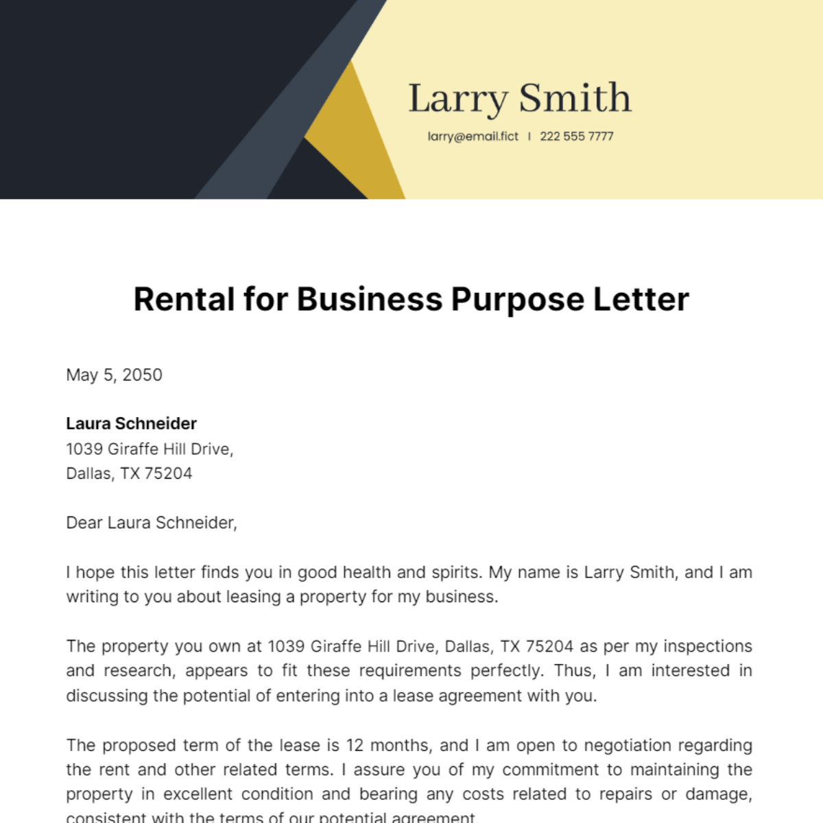 Rental for Business Purposes Letter Template