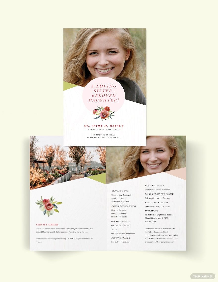 Floral Funeral Obituary Bi-Fold Brochure Template