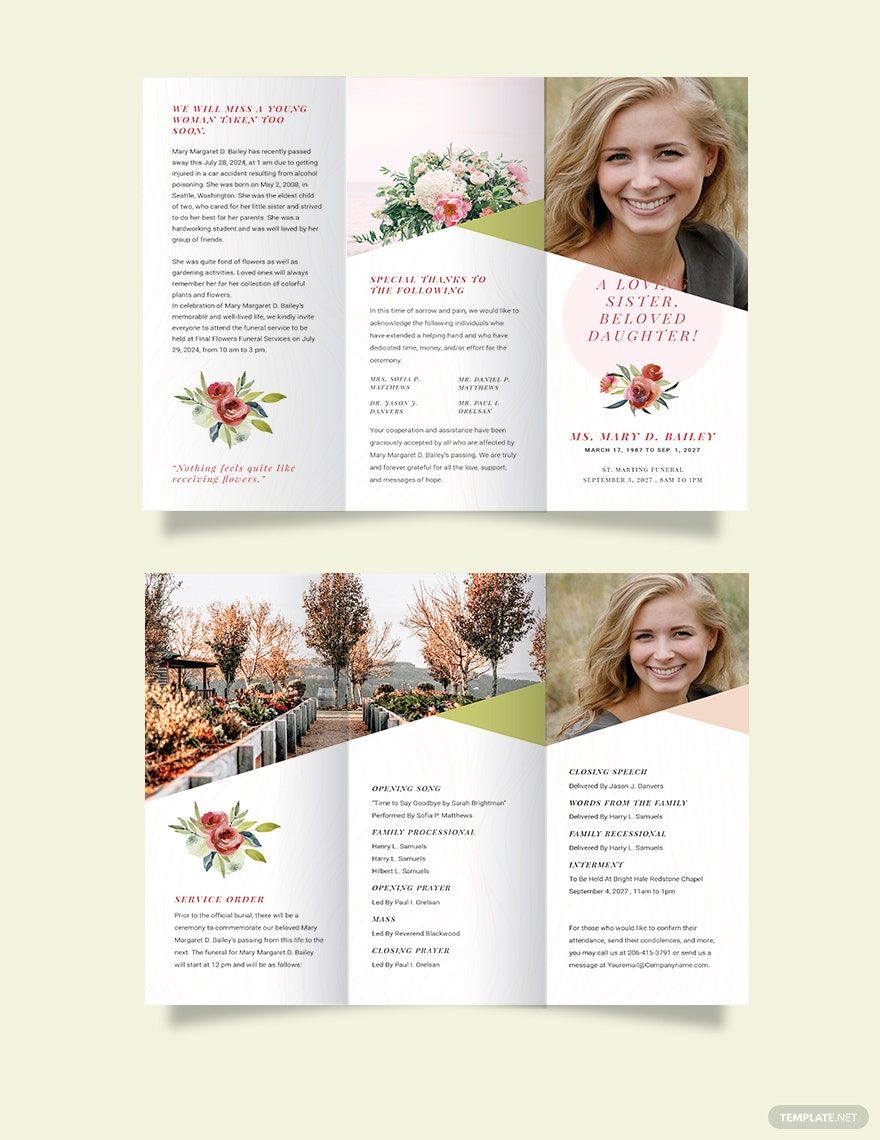 Floral Funeral Obituary Tri-Fold Brochure Template