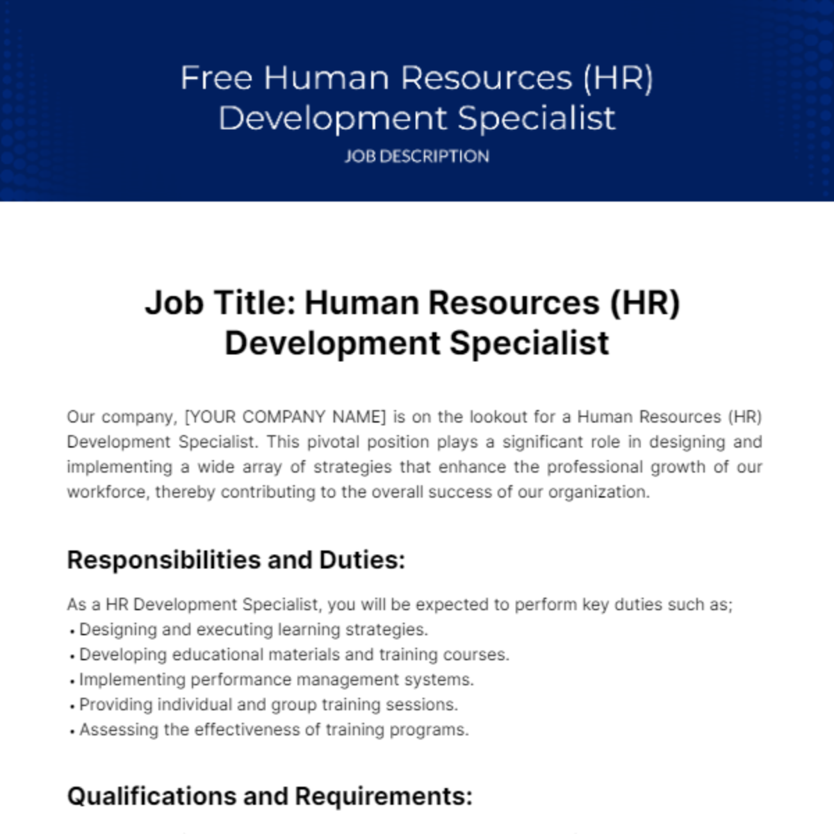 Human Resources (HR) Development Specialist Job Description Template