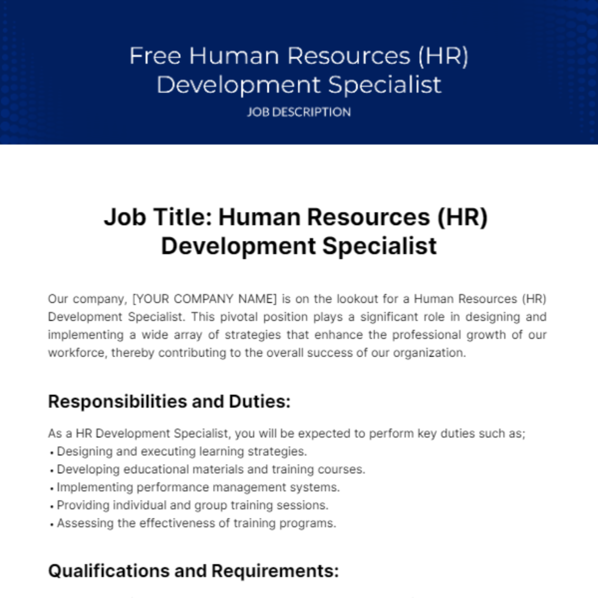 Free Human Resources (HR) Development Specialist Job Description Template