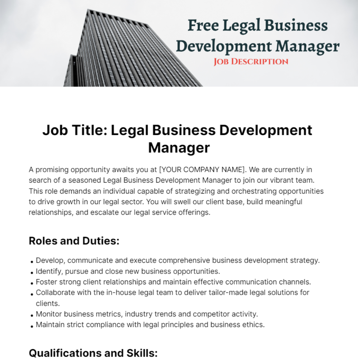 Legal Business Development Manager Job Description Template