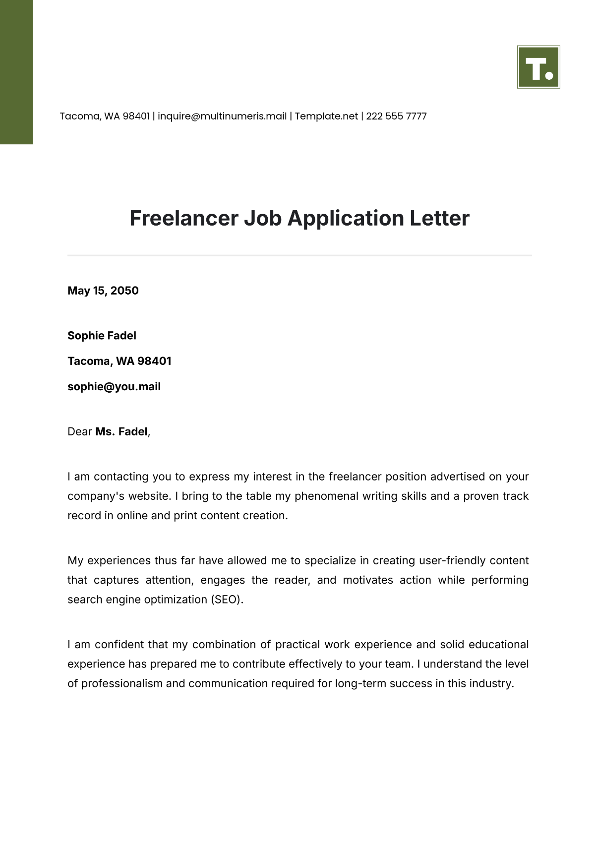 Freelancer Job Application Letter Template