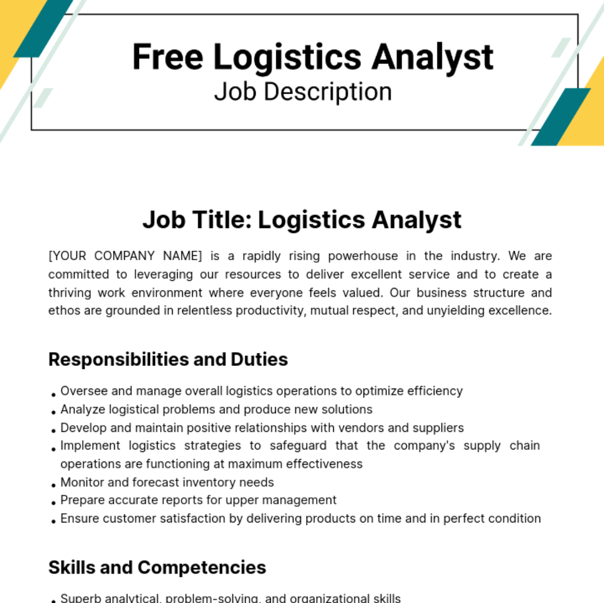 Free Logistics Analyst Job Description Template