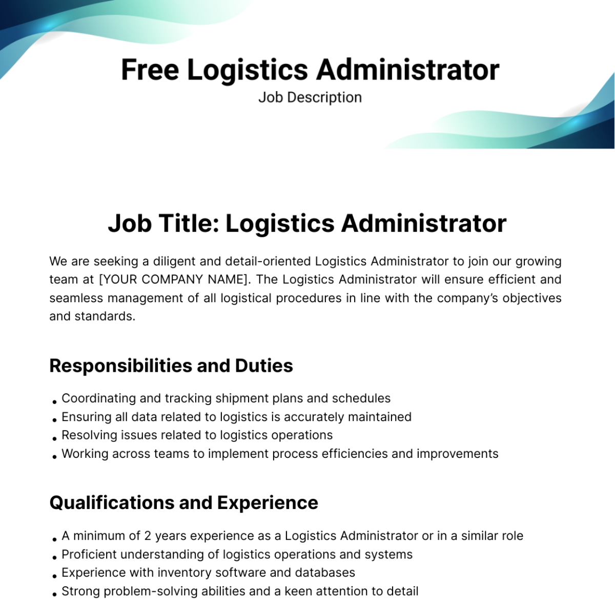 Free Logistics Administrator Job Description Template