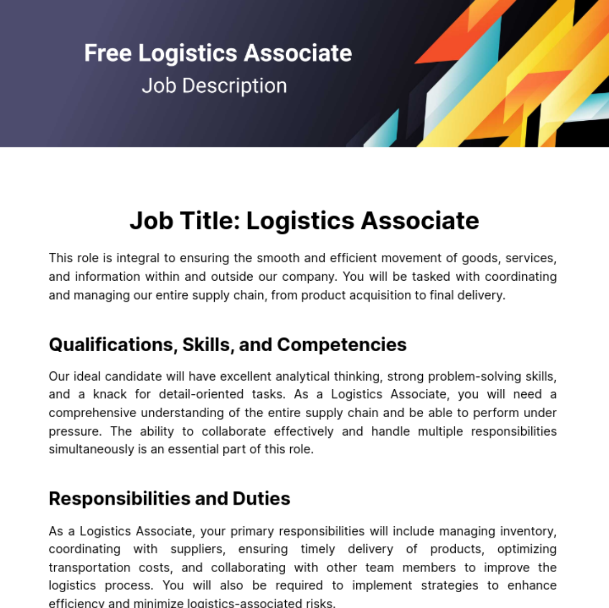 Free Logistics Associate Job Description Template