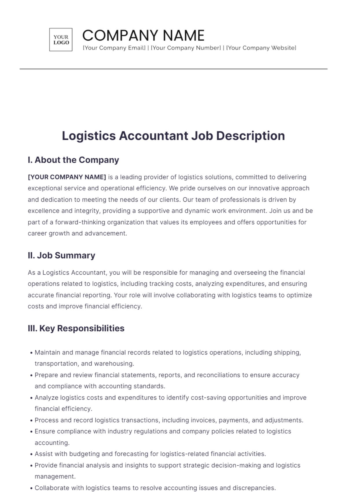 Logistics Accountant Job Description Template - Edit Online & Download