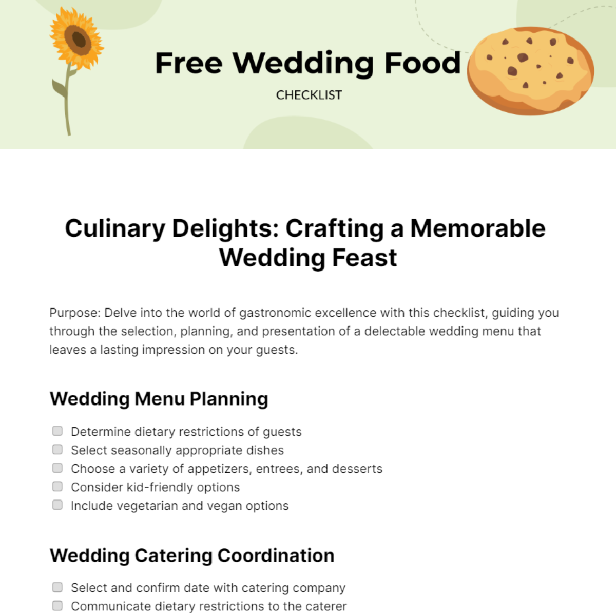 Wedding Food Checklist Template