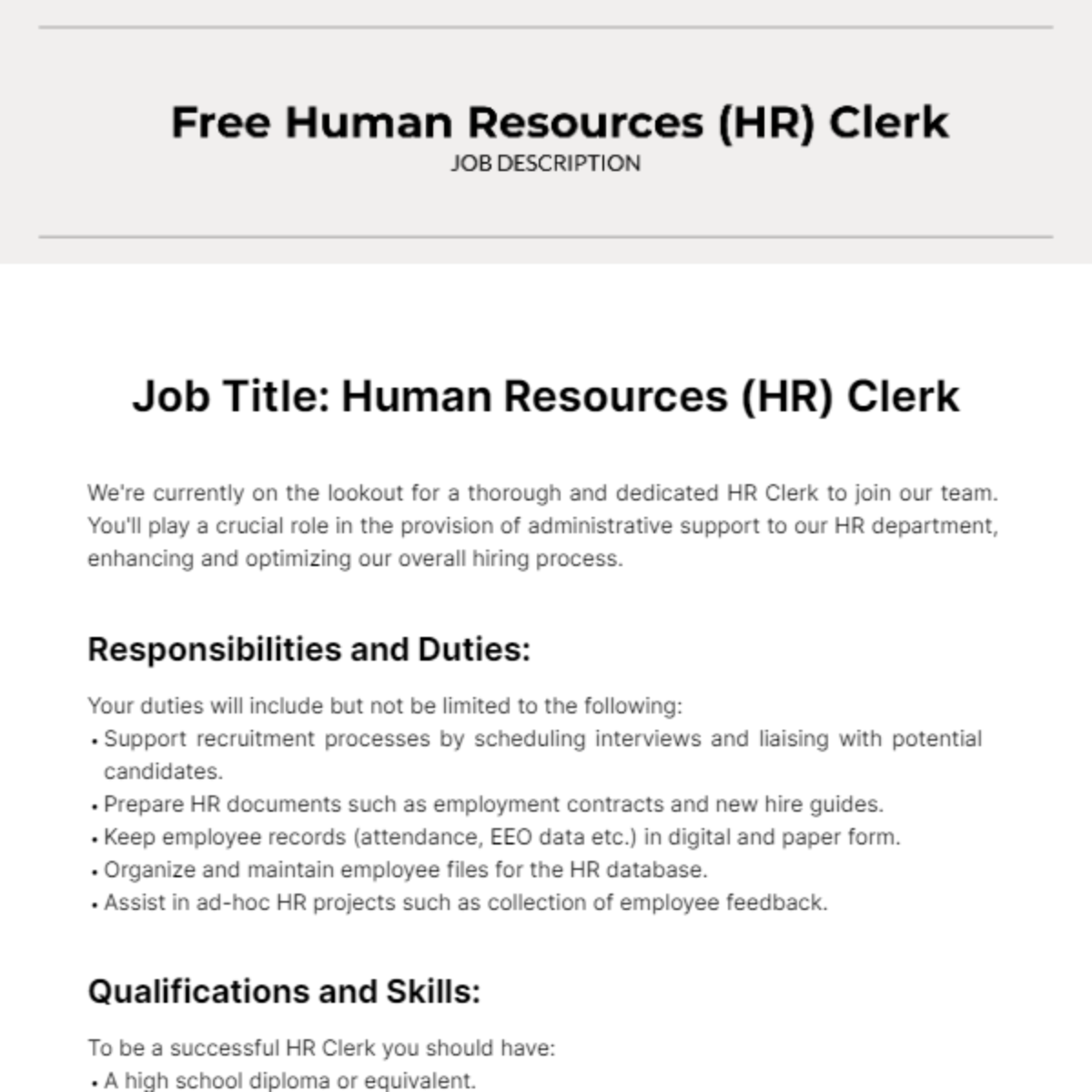 Human Resources (HR) Clerk Job Description Template