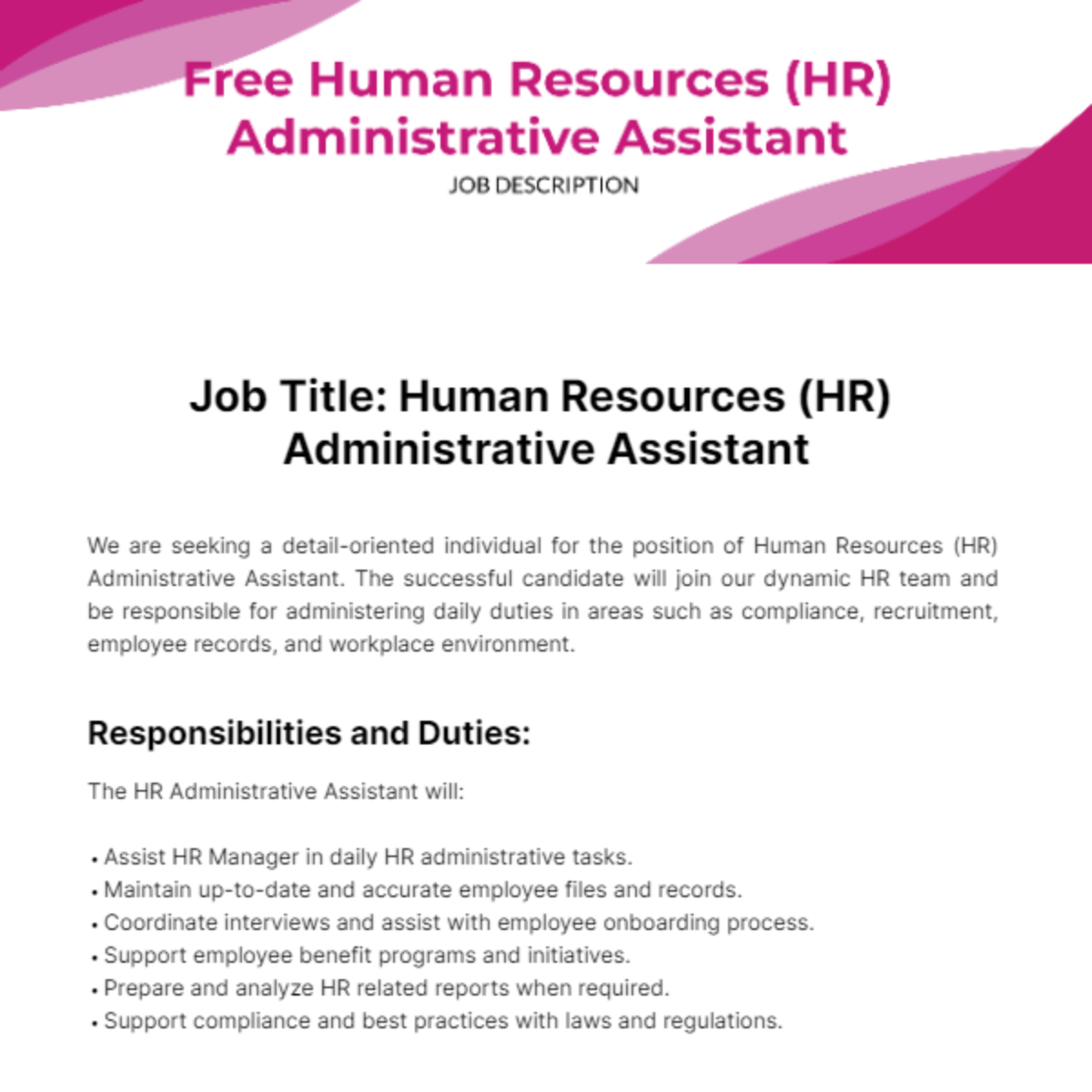 Human Resources (HR) Administrative Assistant Job Description Template
