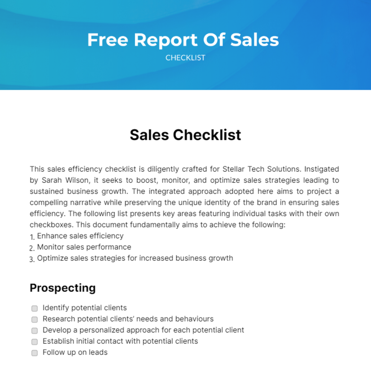 Report Of Sales Checklist Template