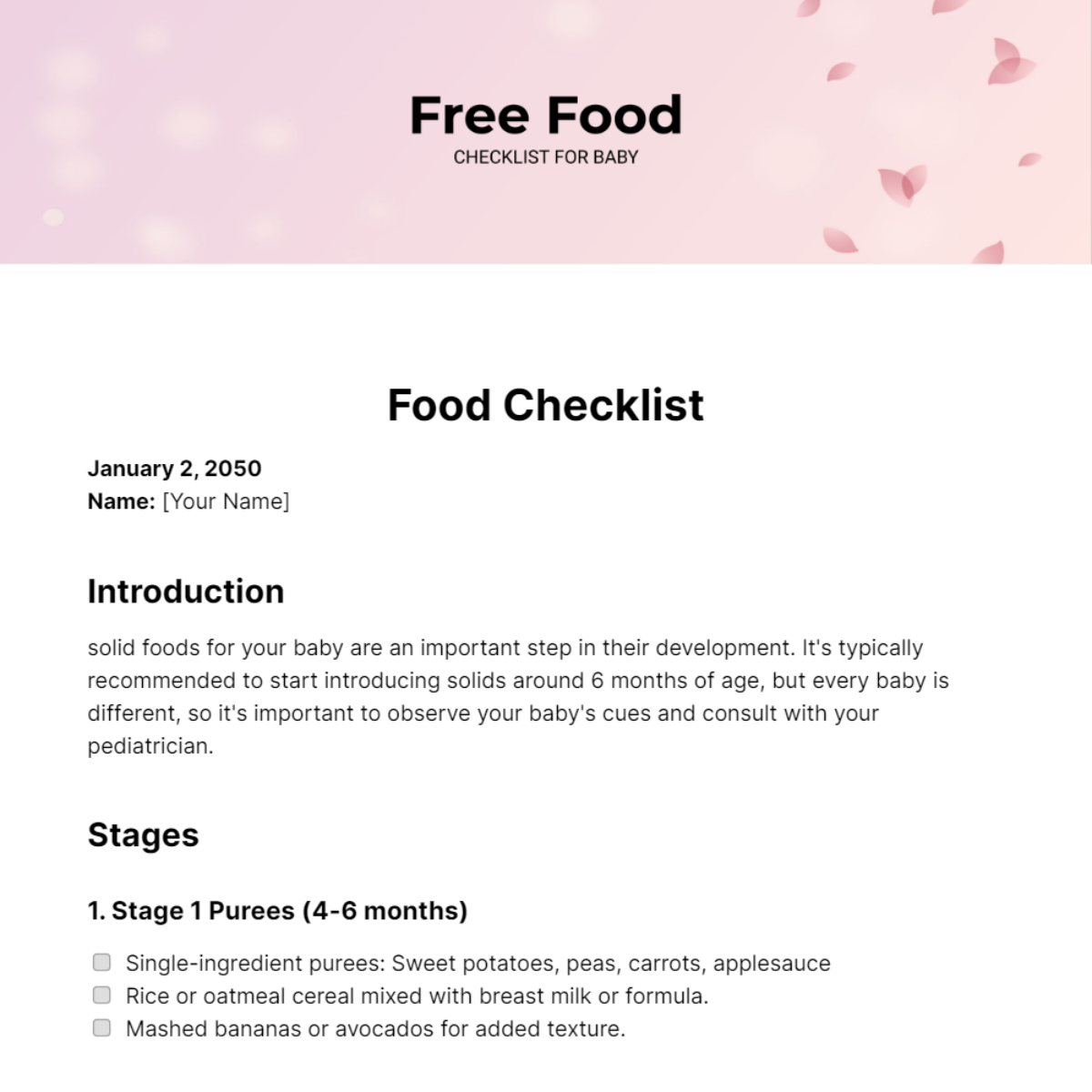 Free Food Checklist for Baby Template