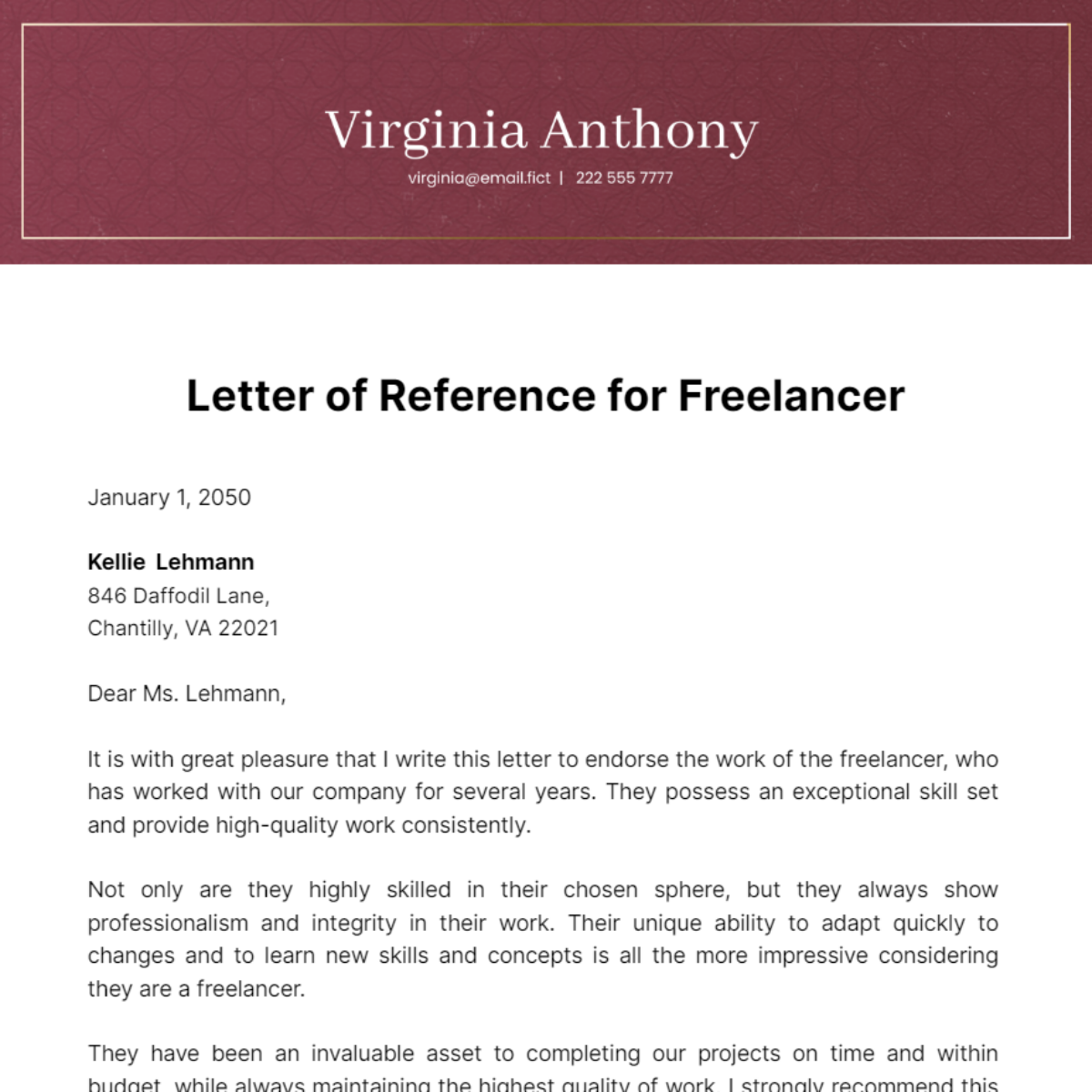 Reference Letter for Freelancer Template